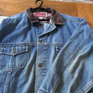 Marlboro Country Store Blue Denim Jacket Men XL Leather Collar Trucker